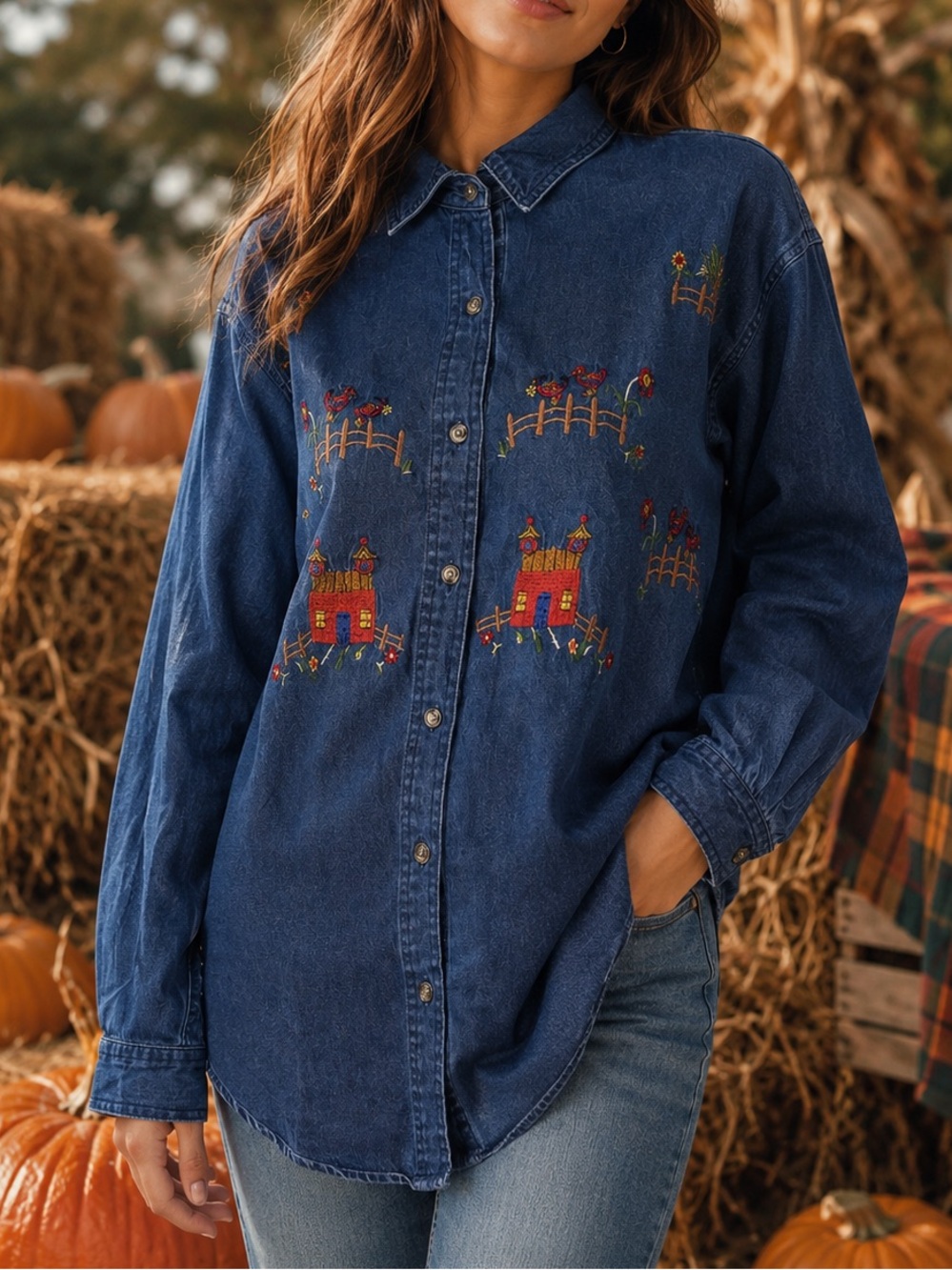 Vintage 90s Cabin Creek Size L Embroidered Country Farmhouse Denim Chambray Top